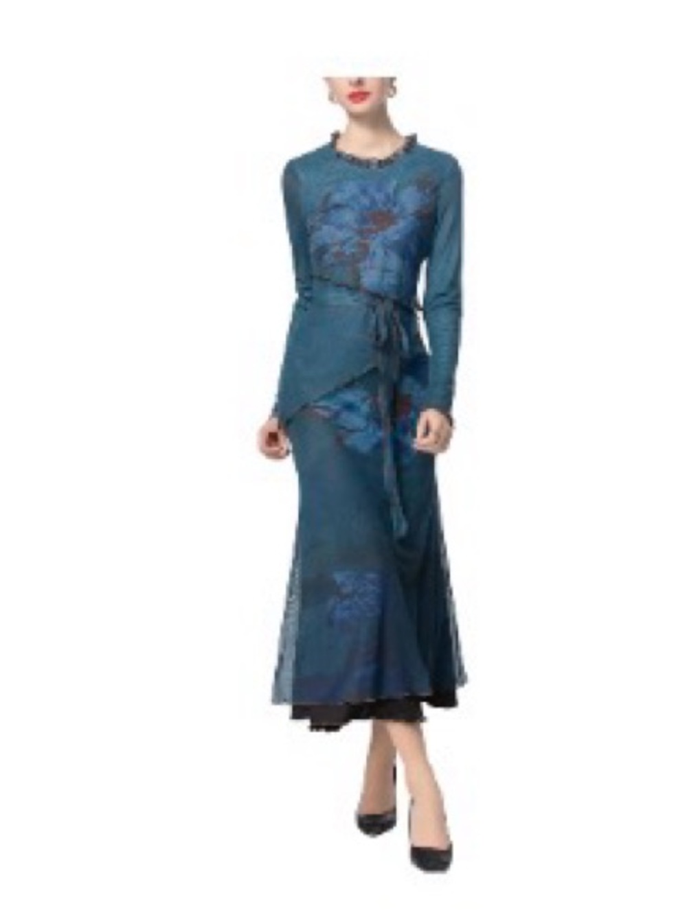 BURRYCO Teal Blue Floral Long-Sleeve Midi Dress, never worn